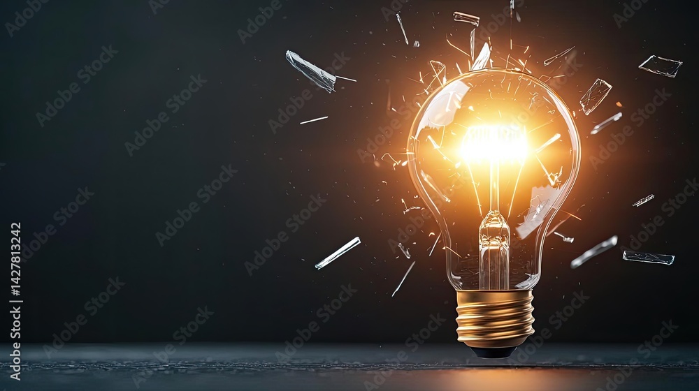 Poster explosion of lightbulb showing filament and invention concept. a glowing light bulb shatters, symbol