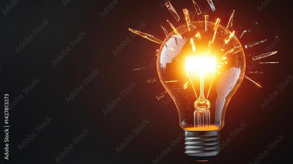 Poster Explosion of lightbulb showing filament and invention concept. Illuminating light bulb with dynamic sparks and vibrant glow.