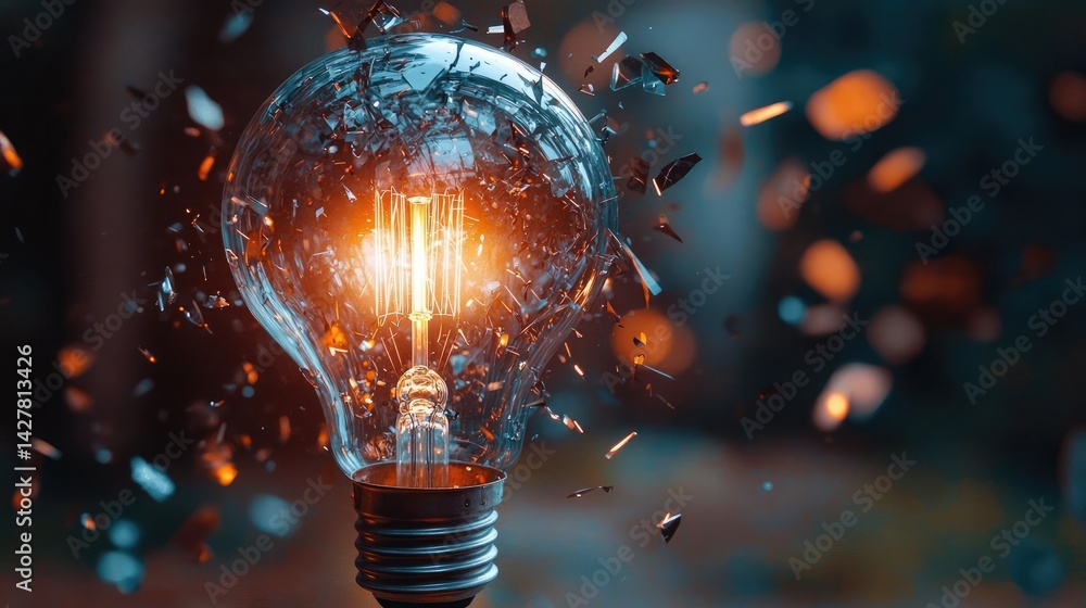 Aufkleber Explosion of lightbulb showing filament and invention concept. A shattered light bulb with a glowing filament inside.