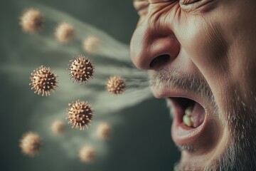  zoomed in photo of a sneeze. We see 3 or 4 different pairs of bacteria floating around in the sneeze and spray. In the background the 45 year old, blurred man who sneezed. 