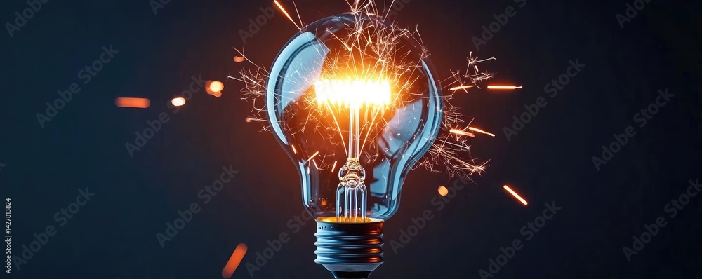 Aufkleber Explosion of lightbulb showing filament and invention concept. A close-up shot of a glowing light bulb with spark effects.