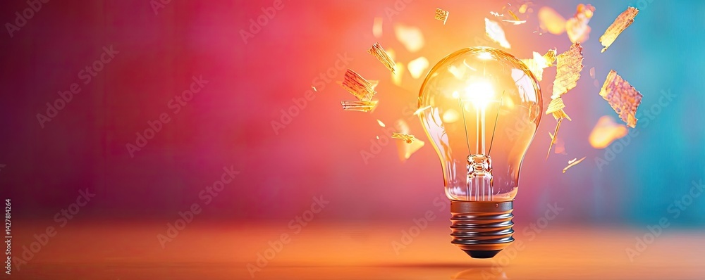Poster Explosion of lightbulb showing filament and invention concept. A broken light bulb illuminating creative ideas and innovations.