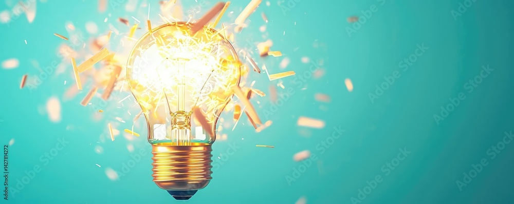 Aufkleber Explosion of lightbulb showing filament and invention concept. Broken light bulb with sparks against a turquoise background.