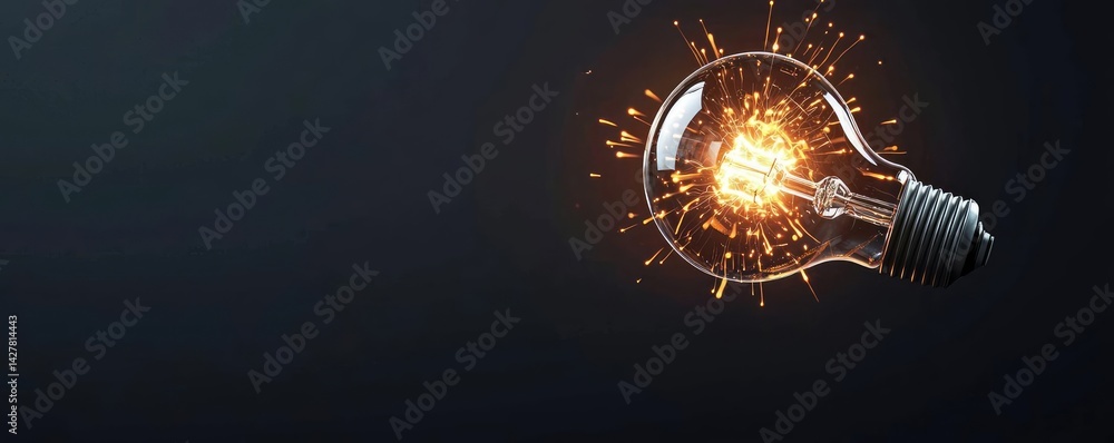 Poster Explosion of lightbulb with creative invention impact concept. A glowing light bulb illuminating with sparks on a dark background.