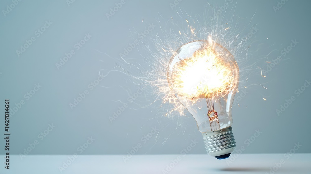 Poster Explosion of lightbulb in electric high-speed burst concept. A glowing light bulb sparking with ideas and innovation.