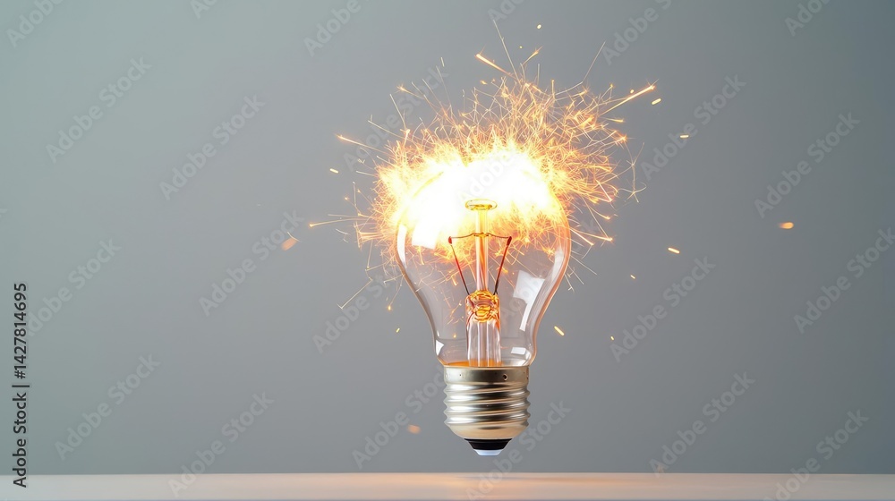 Poster explosion of lightbulb in electric high-speed burst concept. a light bulb emits sparks against a neu