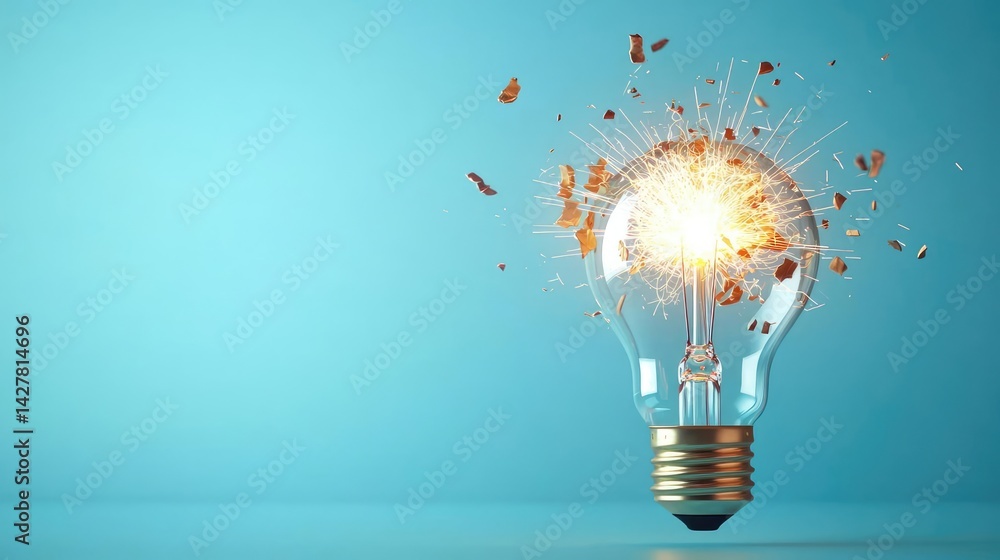Poster explosion of lightbulb in electric high-speed burst concept. a shattered light bulb with sparks agai