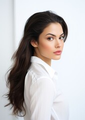 side view beautiful female model in white background