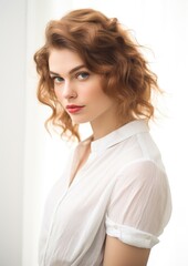Fototapeta premium Short Curly Hair Woman Sheer White Shirt Red Lip Portrait