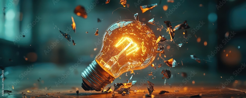 Aufkleber Explosion of lightbulb showing filament and invention concept. Shattered light bulb creating dynamic sparks and visual interest.