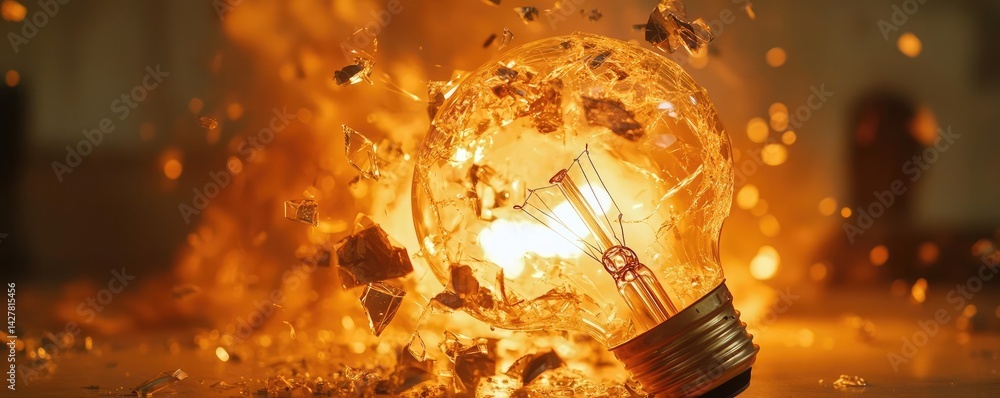Poster Explosion of lightbulb showing filament and invention concept. An explosion of a light bulb captures dynamic energy and creativity.