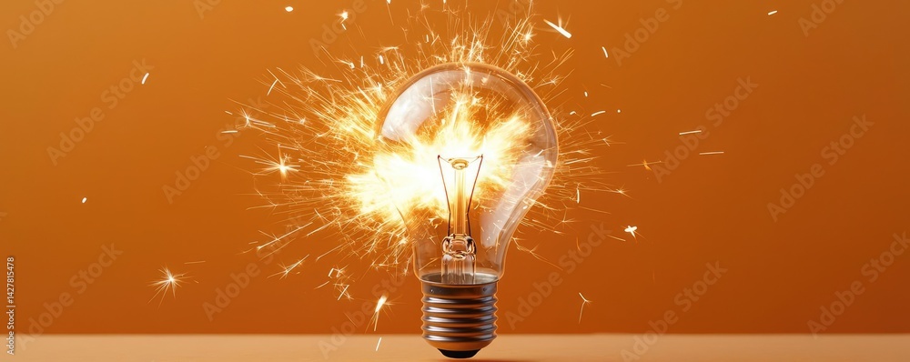 Poster explosion of lightbulb showing filament and invention concept. a glowing light bulb bursting with en