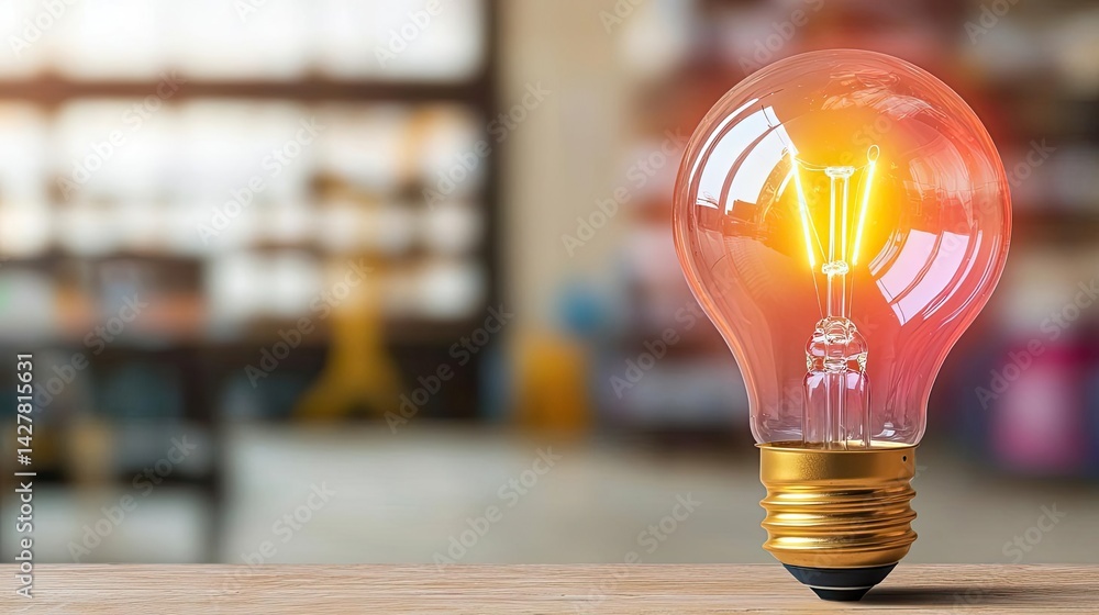 Poster explosion of lightbulb in electric high-speed burst concept. glowing light bulb on a wooden table in