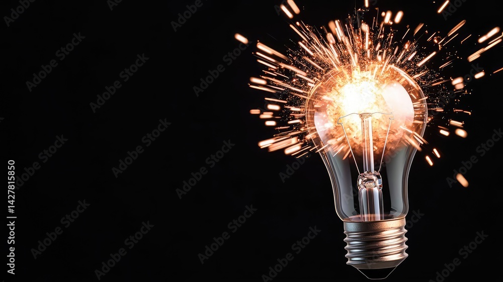 Poster Explosion of lightbulb showing filament and invention concept. Illuminated light bulb surrounded by sparks on a dark background.
