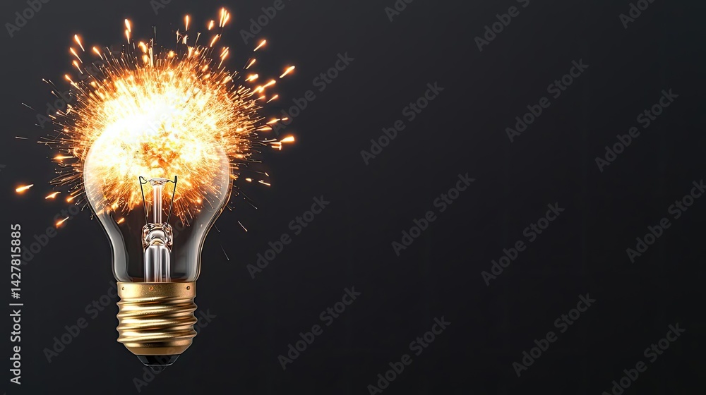 Poster explosion of lightbulb showing filament and invention concept. illuminated light bulb with sparks sy