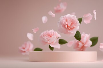 Pink Rose Petals and Blossoms Floating Around Pastel Podium Mockup Display