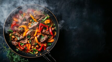 Delicious beef stir fry with colorful bell peppers and aromatic herbs hot red pan top food meal meat