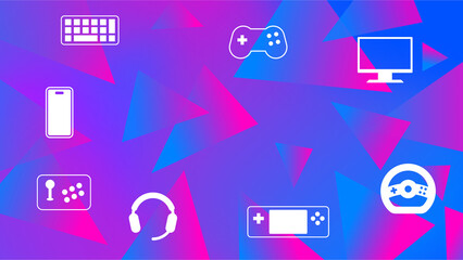 ゲームをイメージしたアイコンと三角形を組み合わせた派手な模様のバックグラウンド素材