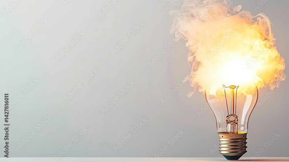 Poster Explosion of lightbulb showing filament and invention concept. An electric light bulb bursting with bright flames and smoke.