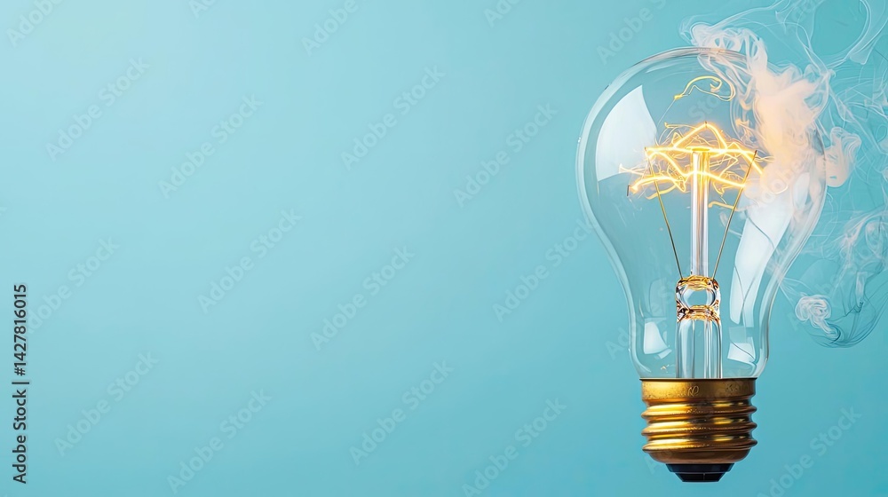 Poster explosion of lightbulb showing filament and invention concept. glowing light bulb with smoke against