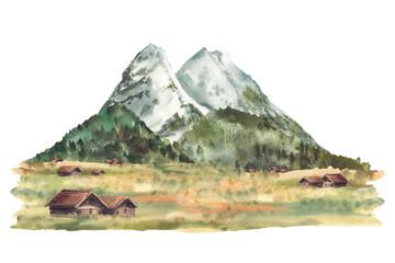 Zugspitze alpine mountains landscape. Watercolor Mountains peaks, rocks. Traditional Cabins, huts on the forested hills and pasture fields German or Bavarian landmark. Hand drawn isolated illustration
