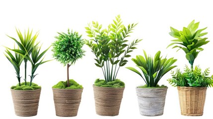 Obraz premium vase and interior plants pots on the white background ,House plants in different pots on the background of a gray concrete wall: sansevieria, succulents, hamedorea or Areca palm