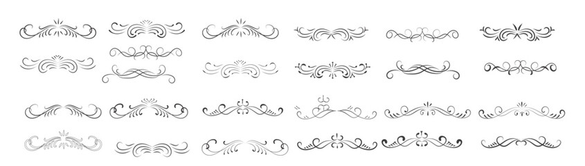 Text dividers doodle set. Wedding decorative elements. Divider ornament, borders, vintage line separators. Hand drawn vector illustration isolated on white background