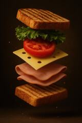 Levitating fast food sandwich with grilled bread, ham, cheese, tomato, and lettuce. A stylish, mouth-watering snack concept on a dark background. Perfect for ads, menus, and food branding