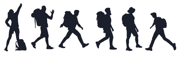 Collection of Hiker in mountains silhouettes in different poses.