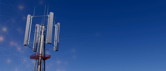 A 5g communication tower with a red and white base