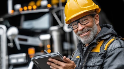 Freight manager confidently showcases tablet while overseeing logistics operations in transportation hub