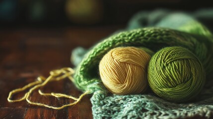 Two balls of yarn, green and yellow, rest on a knitted scarf