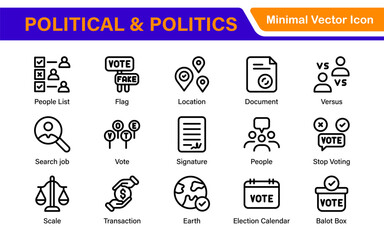 Politics Icon Set. A comprehensive collection of icons representing political themes, perfect for enhancing campaign materials, educational resources, and civic engagement initiatives.