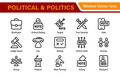 Politics Icon Set. A comprehensive collection of icons representing political themes, perfect for enhancing campaign materials, educational resources, and civic engagement initiatives.