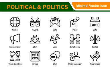 Politics Icon Set. A comprehensive collection of icons representing political themes, perfect for enhancing campaign materials, educational resources, and civic engagement initiatives.