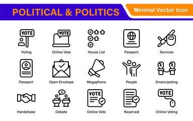 Politics Icon Set. A comprehensive collection of icons representing political themes, perfect for enhancing campaign materials, educational resources, and civic engagement initiatives.
