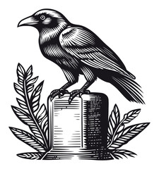 Naklejka premium Intricate Engraving of Raven Perched on Stone with Foliage Design