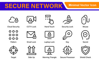 Cybersecurity Safety Icons – Secure Network, Data Protection, Firewall, Password, Hacking Prevention – Vector, Outline, Line, Minimal, Illustration