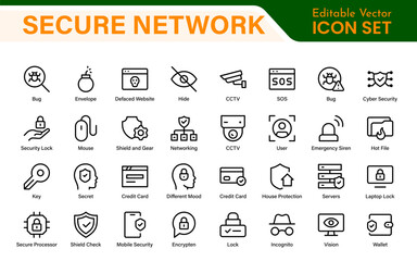 Cybersecurity Safety Icons – Secure Network, Data Protection, Firewall, Password, Hacking Prevention – Vector, Outline, Line, Minimal, Illustration