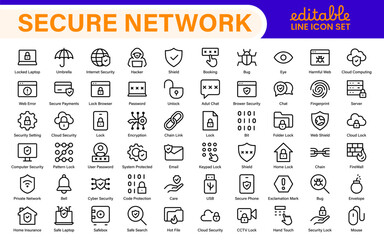 Cybersecurity Safety Icons – Secure Network, Data Protection, Firewall, Password, Hacking Prevention – Vector, Outline, Line, Minimal, Illustration