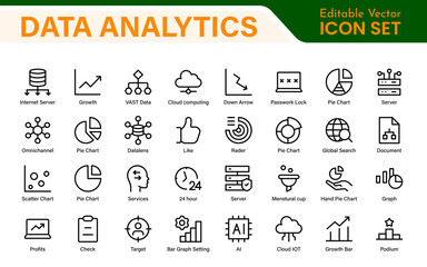 Big Data and Analytics Icon Pack – Cloud, AI, Charts, Visualization, Technology, Dashboard – Vector, Line, Outline, Minimal, Illustration Icons