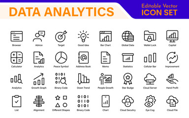 Big Data and Analytics Icon Pack – Cloud, AI, Charts, Visualization, Technology, Dashboard – Vector, Line, Outline, Minimal, Illustration Icons