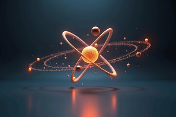 A floating atom model with orbiting electrons, glowing nucleus, white or black background, clean and modern design
