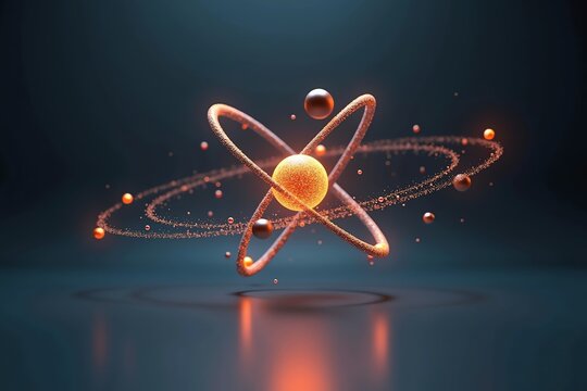 A floating atom model with orbiting electrons, glowing nucleus, white or black background, clean and modern design - Powered by Adobe