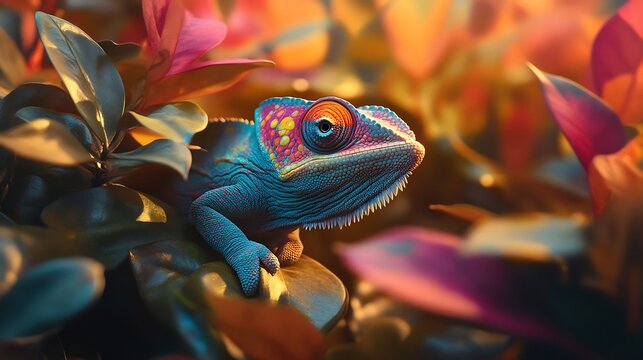 Colorful chameleon camouflaged among vibrant jungle leaves intricate skin patterns shifting under the sunlight ultra HD wildlife macro shot