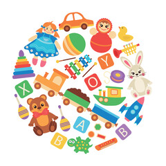 Obraz premium Set of children's toys arranged in a colorful round background