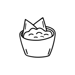 Simple doodle style vector of guacamole in bowl with tortilla, nachos, chips. Black outline illustration perfect for Mexican food design and snack packaging.