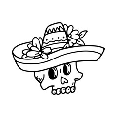 Mexican sugar skull with floral patterns wearing sombrero. Minimalist doodle vector in outline style. Perfect for Dia de los Muertos themes and cultural designs.