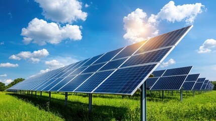 Vast solar panel array under bright blue sky with fluffy clouds.