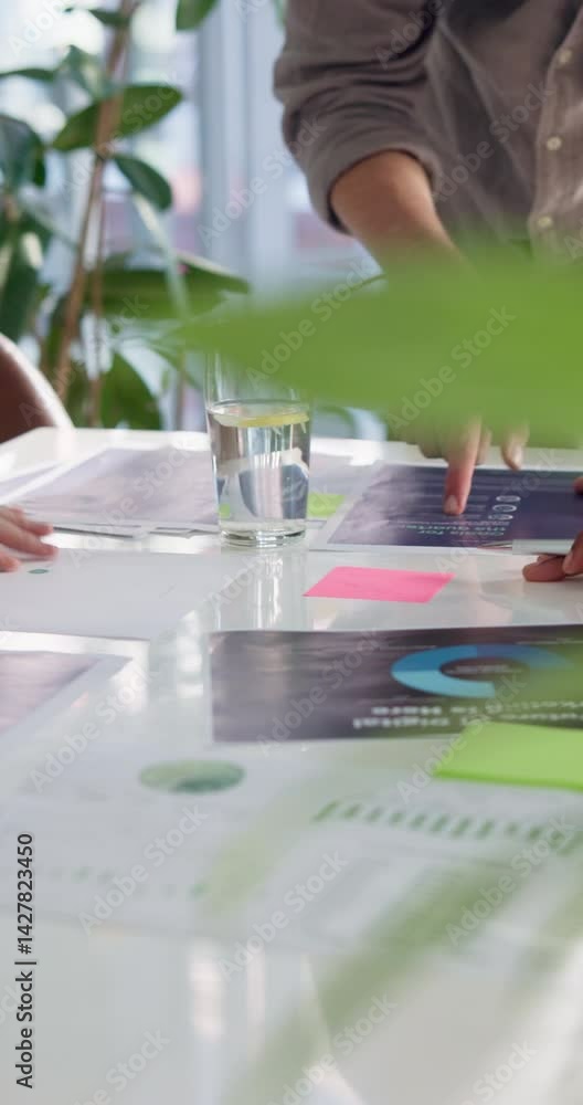 Poster hands, charts and business people in office, documents and review for tech process. closeup, data an